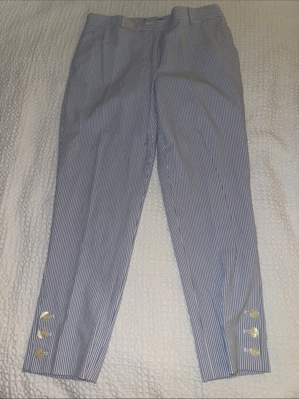 Talbots Blue and White Seersucker Pinstripe Women's Capris with Ankle Buttons